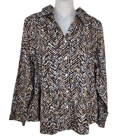 Chico's Shirt Womens Size 2 Large Button Up Cheetah Animal Print No Iron Cotton - Picture 1 of 9